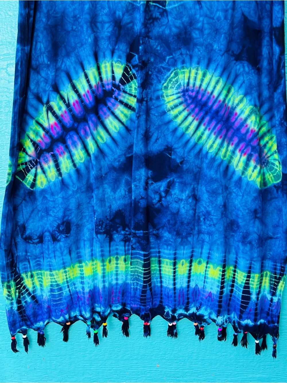 Vintage 1970's Tie-Dye Blue Batik Maxi Dress Boho Hippie • Beaded Fringe LARGE - Picture 4 of 7